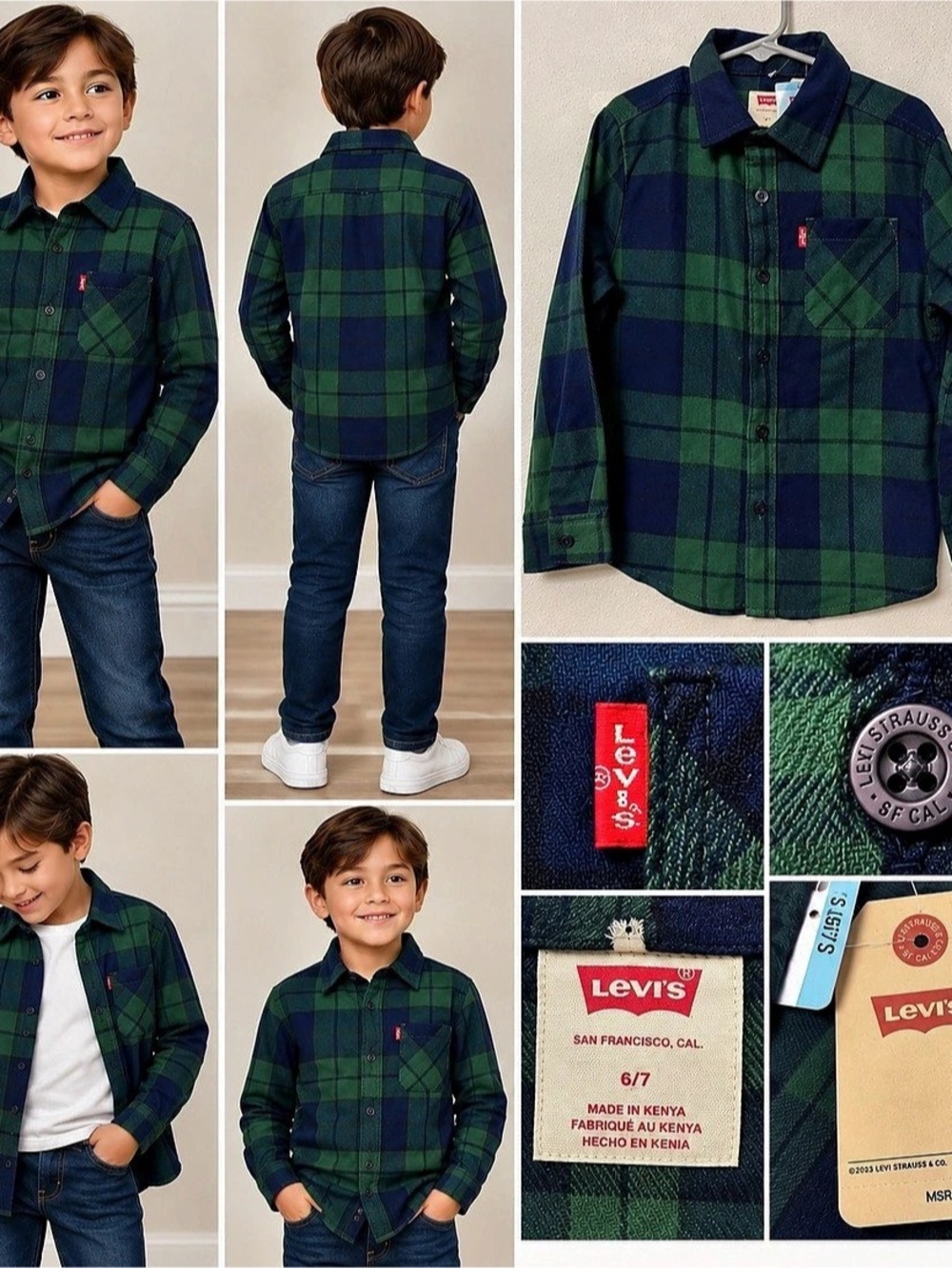 Levi's Youth Flannel Shirt Plaid Flannel Shirt in Green & Blue Size Small NWT